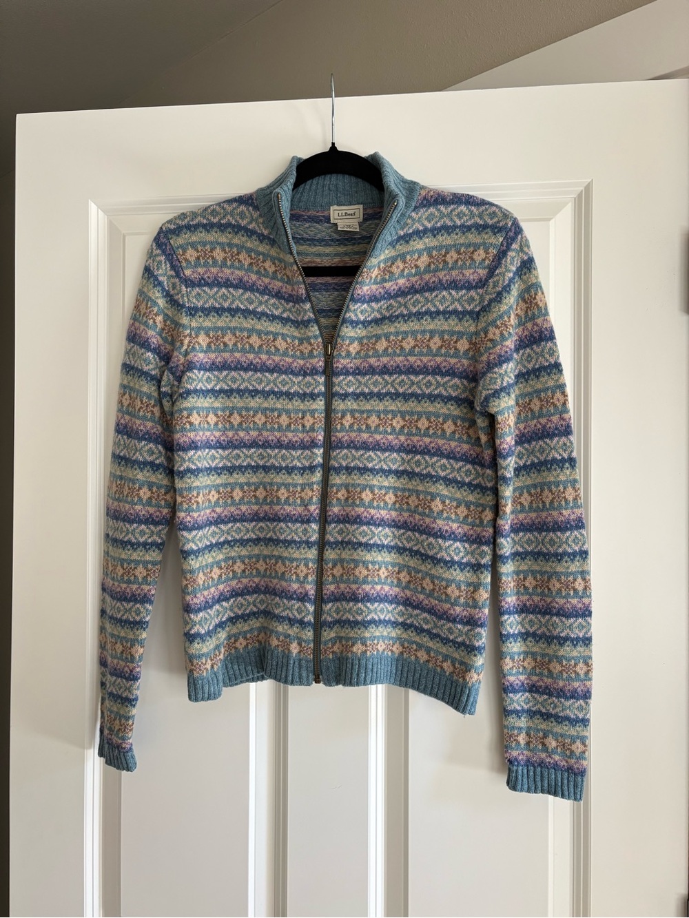 L.L. Bean Women's Light Blue Multi Fair Isle Zip Cardigan
